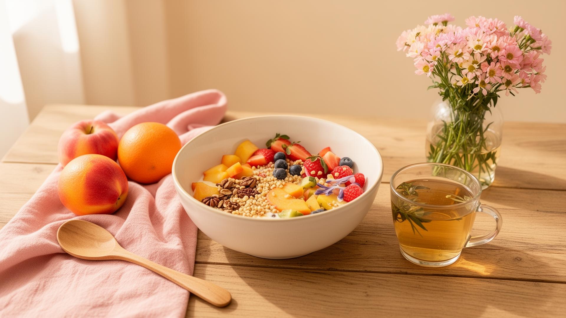Mesa acolhedora com bowl nutritivo, frutas e chá